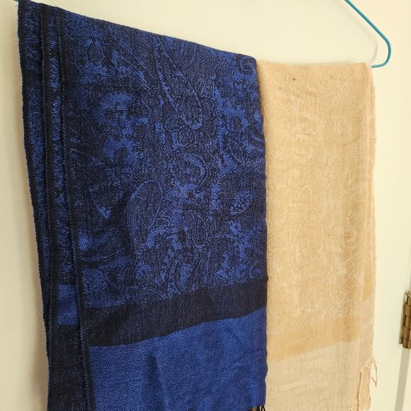 pashmina Accessories - Paisley Pashmina scarves: one beige / tan, one black and blue